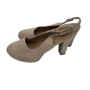 Womens Beige Suede Platform Slingback Heels With Rhinestone Strap Size 10.5